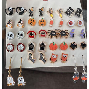 Set of 25 Halloween earrings- Jack Sally Pumpkin Owl Bat Cat Witch Ghost